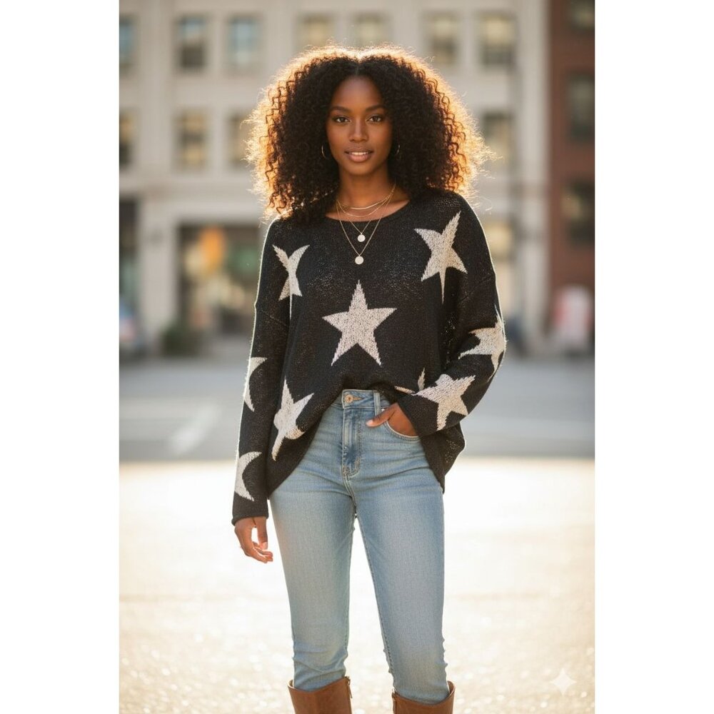Easel Stars Grapic Knit Patriotic Boxy Sweater Womens Small